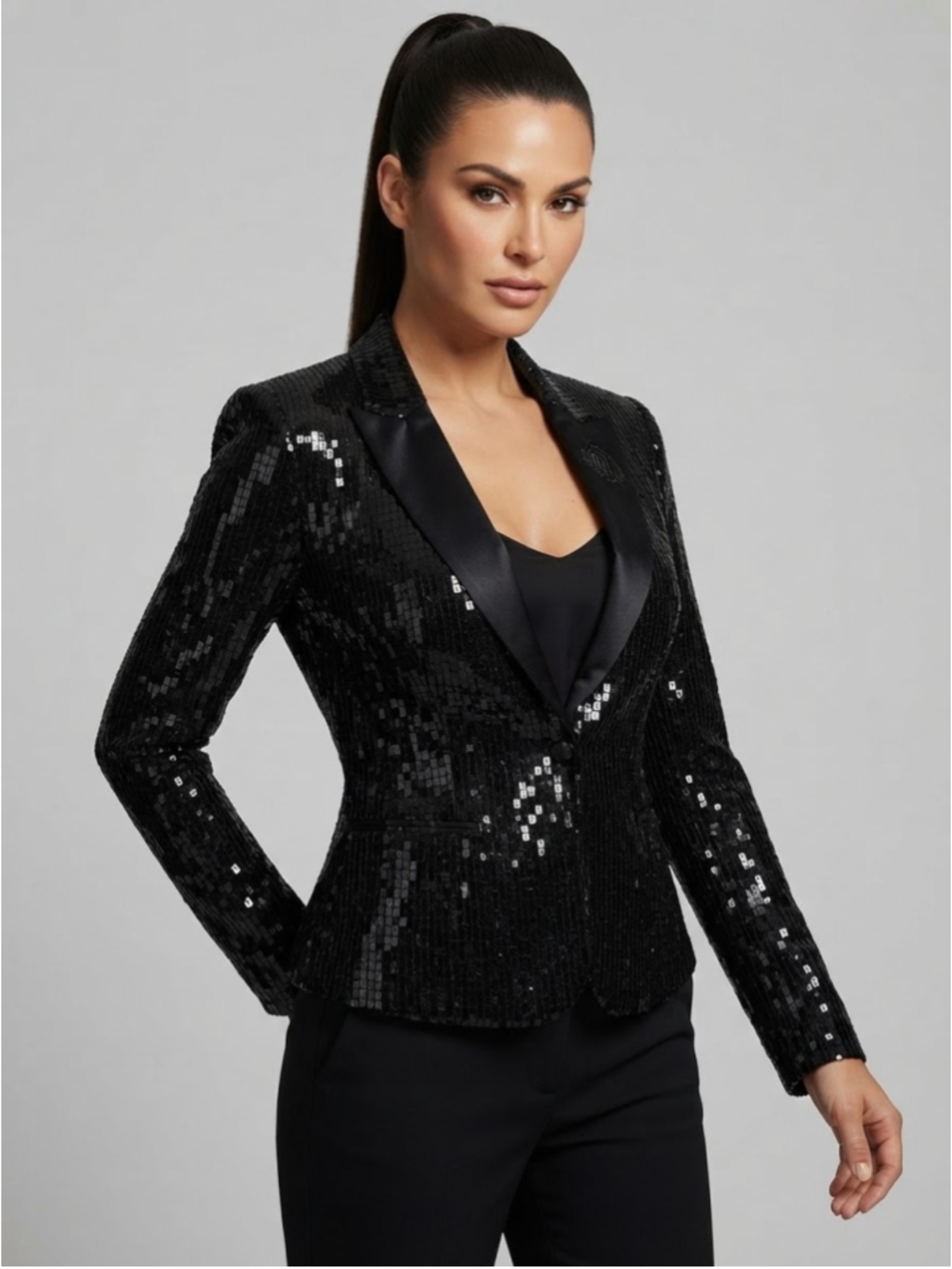 Guess Sequin Tuxedo Blazer Black Square Sequins Satin Crest Lapel Size XS/S